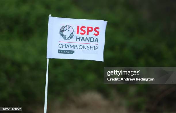 Tournament flag is pictured during a practice round prior to the ISPS Handa Championship at Lakes Course, Infinitum on April 20, 2022 in Tarragona,...