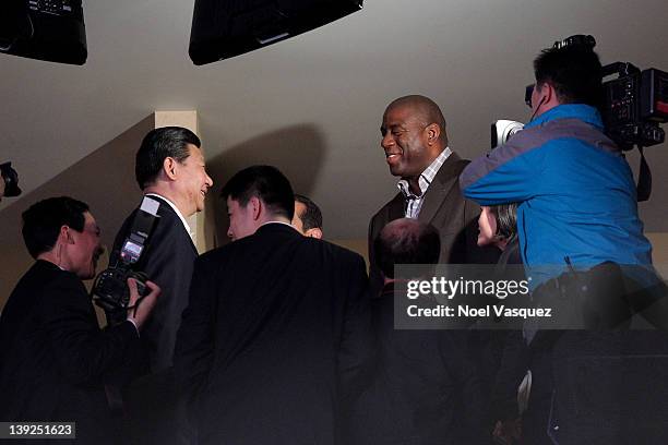 China vice president Xi Jinping and Earvin "Magic" Johnson attend a basketball game between the Phoenix Suns and the Los Angeles Lakers at Staples...