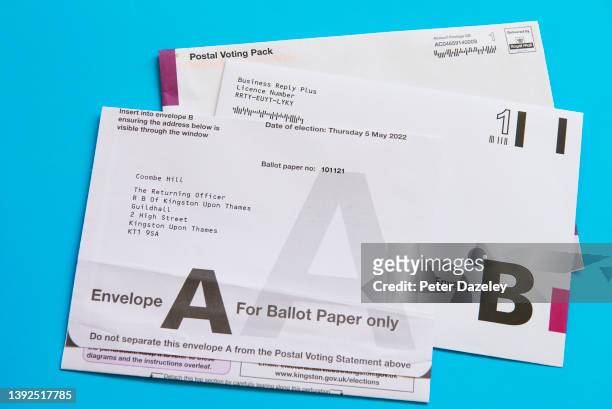 View of an Envelope to postal voting on April 20, 2022 in Kingston, Surrey. Local elections in the United Kingdom will be held on 5 May 2022. Most...