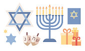 Hanukkah icon set. Collection Hanukkah symbols. Vector flat illustration