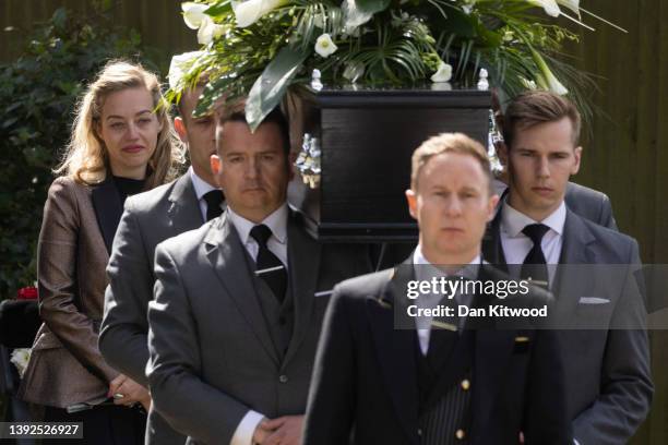 The coffin is carried from St Francis of Assisi church following a funeral service for Tom Parker on April 20, 2022 in Orpington, England. British...