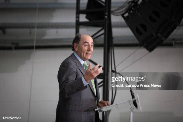 The Chairman of Iberdrola, Ignacio Sanchez Galan, speaks at the inauguration of the new Wallbox plant, on 20 April, 2022 in Barcelona, Catalonia,...