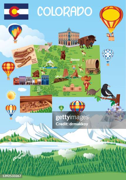 cartoon travel map - denver landmarks stock illustrations