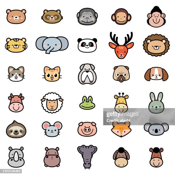 cute animals icon set in farbe pastelltöne - tierkopf stock-grafiken, -clipart, -cartoons und -symbole