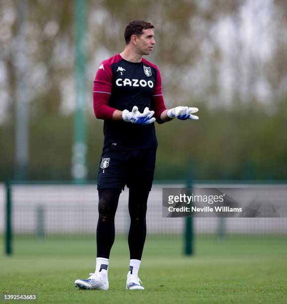 Emi Martinez of Aston Villa in action during a training session at Bodymoor Heath training ground on April 19, 2022 in Birmingham, England.