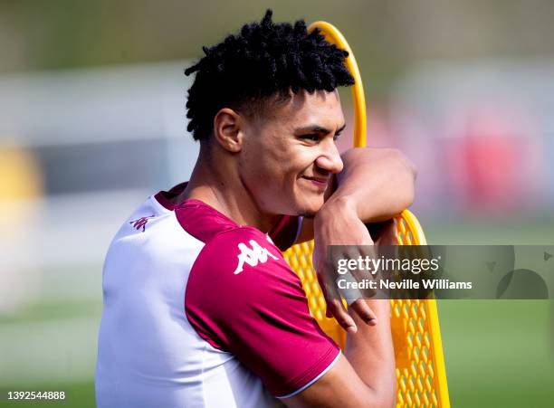 Ollie Watkins of Aston Villa in action during a training session at Bodymoor Heath training ground on April 19, 2022 in Birmingham, England.