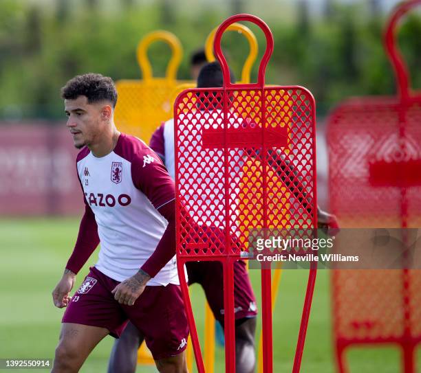 Philippe Coutinho of Aston Villa in action during a training session at Bodymoor Heath training ground on April 19, 2022 in Birmingham, England.