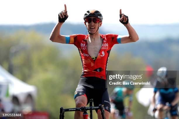 Dylan Teuns of Belgium and Team Bahrain Victorious celebrates at finish line as race winner during the 86th La Flèche Wallonne 2022 - Men's Elite a...