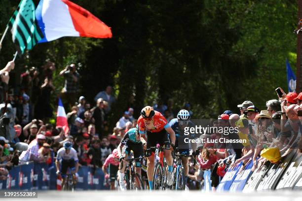 Dylan Teuns of Belgium and Team Bahrain Victorious and Alejandro Valverde Belmonte of Spain and Movistar Team sprint at finish line during the 86th...