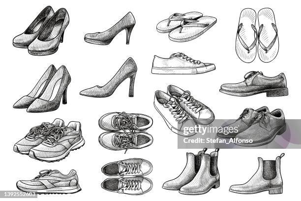 ilustrações de stock, clip art, desenhos animados e ícones de set of vector drawings of various shoes - chinelo de dedo