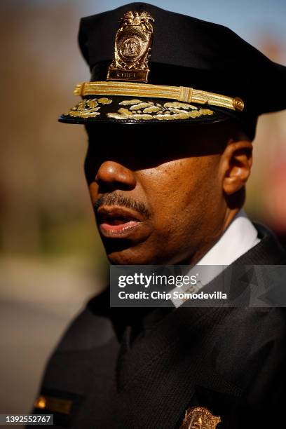 Metropolitan Police Chief Robert Contee talks to reporters after U.S. Secret Service officers shot and killed a person who had trespassed onto the...