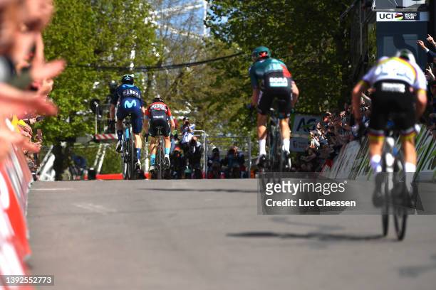 Alejandro Valverde Belmonte of Spain and Movistar Team and Dylan Teuns of Belgium and Team Bahrain Victorious sprint at finish line during the 86th...