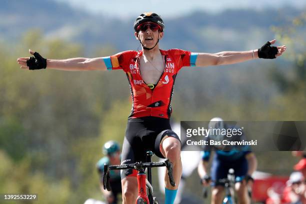 Dylan Teuns of Belgium and Team Bahrain Victorious celebrates at finish line as race winner ahead of Alejandro Valverde Belmonte of Spain and...