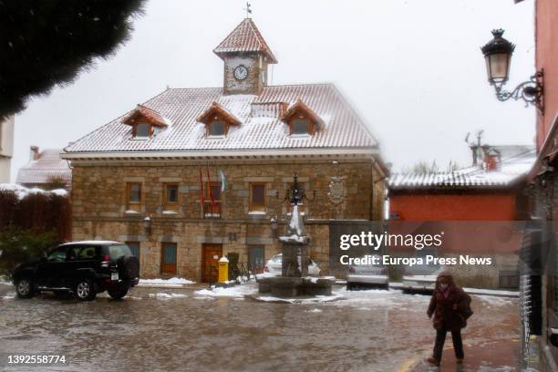 The roof of the Navacerrada Town Hall with a layer of snow, on 20 April, 2022 in Navacerrada, Madrid, Spain. Madrid has activated the Winter...