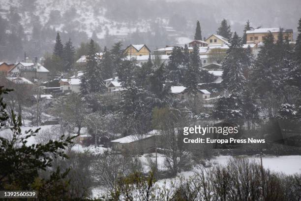 Group of houses in Cercedilla, on 20 April, 2022 in Cercedilla, Madrid, Spain. Madrid has activated the Winter Inclement Plan for snow, rain and wind...