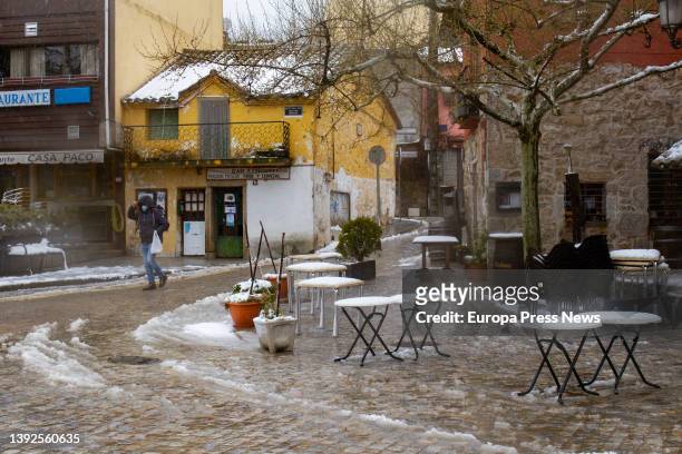 The terrace of a restaurant with a layer of snow, on 20 April, 2022 in Navacerrada, Madrid, Spain. Madrid has activated the Winter Inclement Plan for...