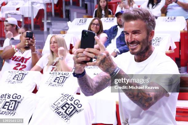 President & co-owner of Inter Miami CF David Beckham looks on prior to Game Two of the Eastern Conference First Round between the Miami Heat and the...