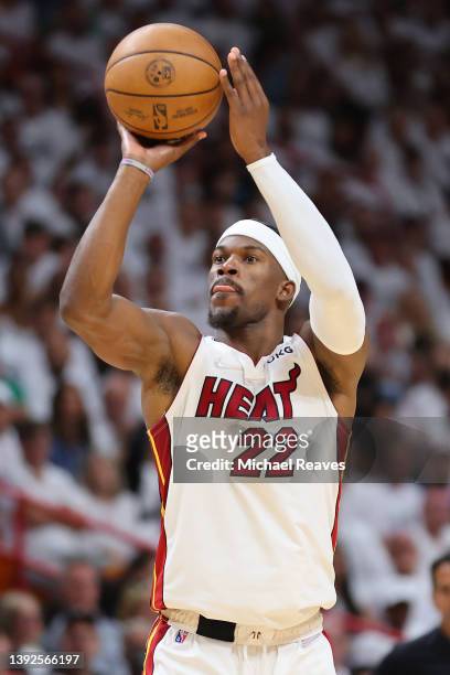 Jimmy Butler of the Miami Heat shoots three pointer against the Atlanta Hawks during the second half in Game Two of the Eastern Conference First...