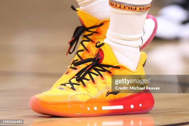 Detail of Jimmy Butler of the Miami Heat shoes against the Atlanta Hawks during the fourth quarter in Game Two of the Eastern Conference First Round...