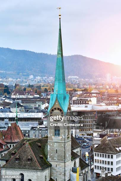 close-up of frauenkirche church, zurich cityscape, switzerland - grossmunster cathedral stock pictures, royalty-free photos & images