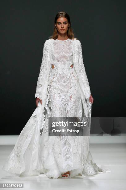 Model walks the runway during the Yolan Cris show as part of the Barcelona Bridal Week 2022 on April 20, 2022 in Barcelona, Spain.