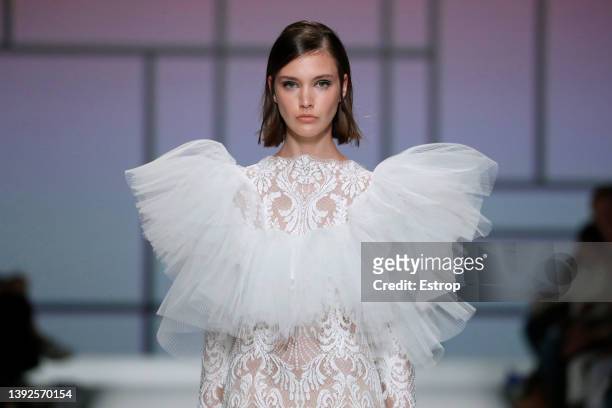 Model walks the runway during the Yolan Cris show as part of the Barcelona Bridal Week 2022 on April 20, 2022 in Barcelona, Spain.