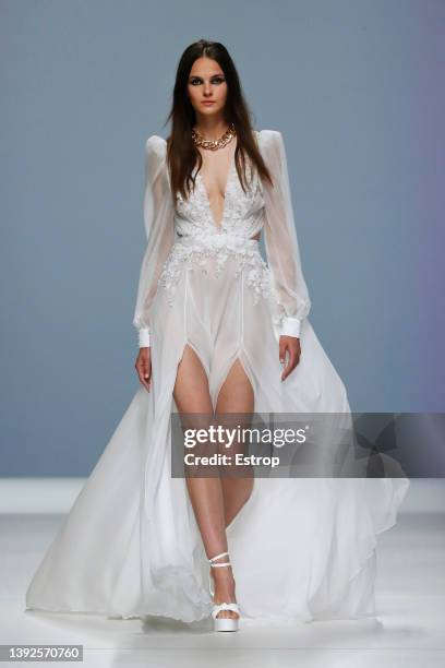 Model walks the runway during the Yolan Cris show as part of the Barcelona Bridal Week 2022 on April 20, 2022 in Barcelona, Spain.