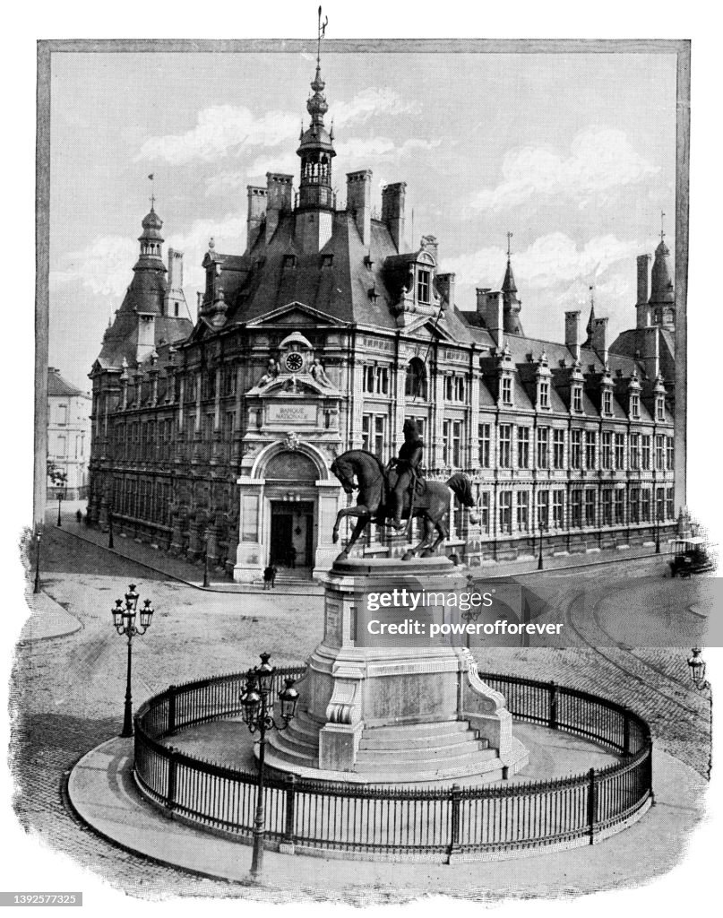 Nationale Bank Van Belgie and Statue of King Leopold II in Antwerp, Belgium - 19th Century