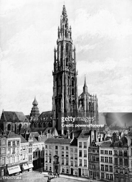 stockillustraties, clipart, cartoons en iconen met cathedral of our lady in antwerp, belgium - 19th century - kathedraal