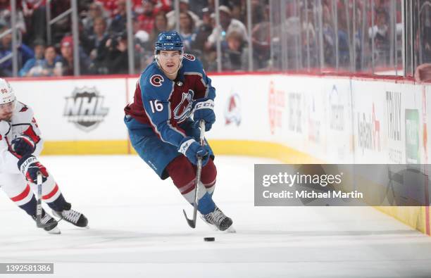 Nicolas Aube-Kubel of the Colorado Avalanche skates against the Washington Capitals at Ball Arena on April 18, 2022 in Denver, Colorado. The Capitals...