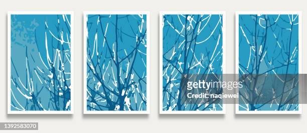 stockillustraties, clipart, cartoons en iconen met vector blue engraving style tree branch scene pattern template banner card design element,illustration abstract backgrounds collection - blue winter tree