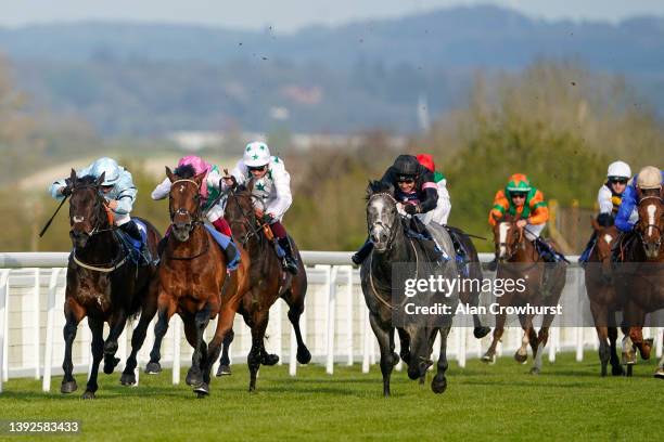 Frankie Dettori riding Samburu win The George Smith Horseboxes Novice Stakes at Salisbury Racecourse on April 20, 2022 in Salisbury, England.