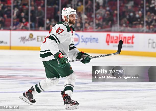 Alex Goligoski of the Minnesota Wild skates against the Montreal Canadiens during the first period at Centre Bell on April 19, 2022 in Montreal,...