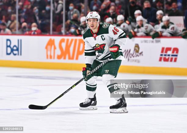 Jared Spurgeon of the Minnesota Wild skates against the Montreal Canadiens during the first period at Centre Bell on April 19, 2022 in Montreal,...