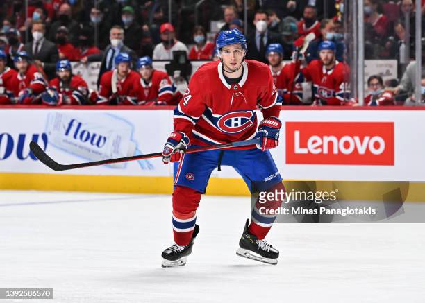 Tyler Pitlick of the Montreal Canadiens skates against the Minnesota Wild during the third period at Centre Bell on April 19, 2022 in Montreal,...