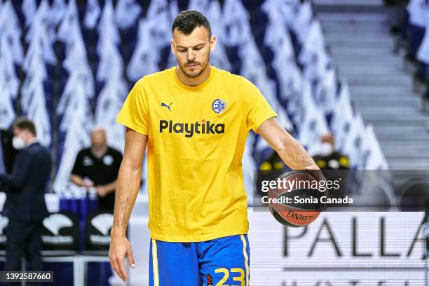 Ante Zizic of Maccabi Playtika Tel Aviv warms up prior to the Turkish Airlines EuroLeague Play Off Game 1 match between Real Madrid and Maccabi...