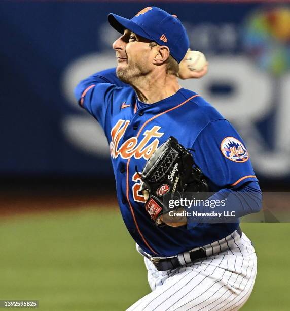 New York Mets pitcher Max Scherzer throws in the first inning of a game against the San Francisco Giants at Citi Field on April 19, 2022 during game...