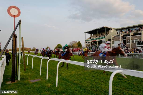 Jack Mitchell riding Flying Standard win The Molson Coors Handicap at Salisbury Racecourse on April 20, 2022 in Salisbury, England.