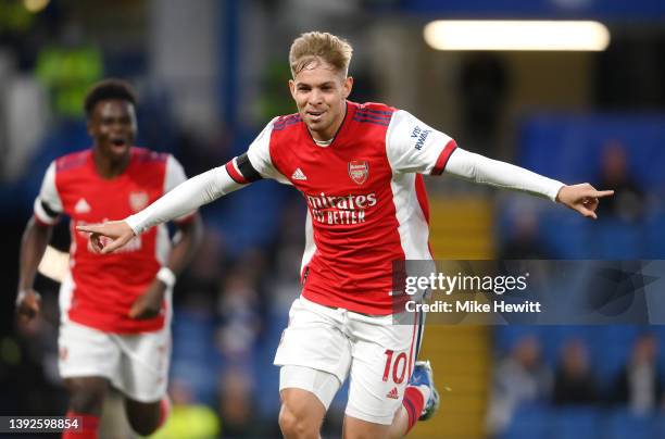 Emile Smith Rowe of Arsenal celebrates after scoring their team's second goal during the Premier League match between Chelsea and Arsenal at Stamford...