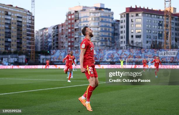 Borja Mayoral of Getafe celebrates after scoring their team's second goal during the LaLiga Santander match between RC Celta de Vigo and Getafe CF at...