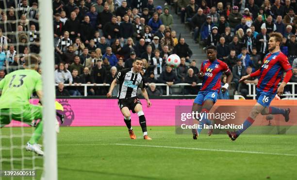 Miguel Almiron of Newcastle United scores their side's first goal during the Premier League match between Newcastle United and Crystal Palace at St....