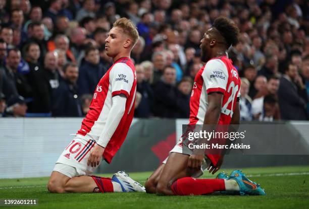 Emile Smith Rowe of Arsenal celebrates scoring their 2nd goal with Nuno Tavares during the Premier League match between Chelsea and Arsenal at...