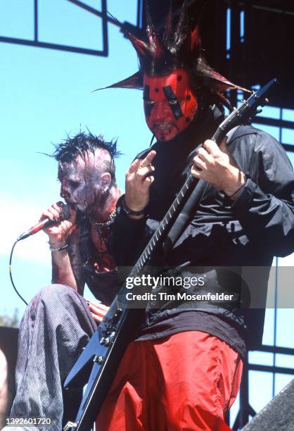 Chad Gray and Greg Tribbett of Mudvayne perform during Ozzfest 2001 at Shoreline Amphitheatre on June 29, 2001 in Mountain View, California.