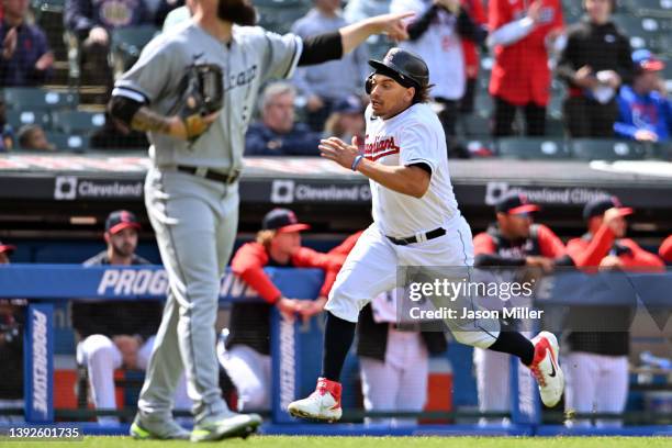 Josh Naylor of the Cleveland Guardians scores during the second inning of game one of a doubleheader against the Chicago White Sox at Progressive...