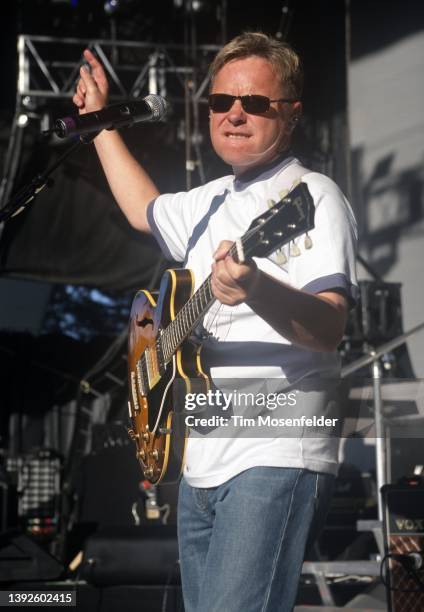 Bernard Sumner of New Order performs during the Area One tour at Shoreline Amphitheatre on July 31, 2001 in Mountain View, California.