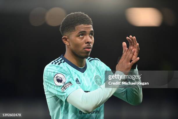 Wesley Fofana of Leicester City applauds the fans at half time during the Premier League match between Everton and Leicester City at Goodison Park on...