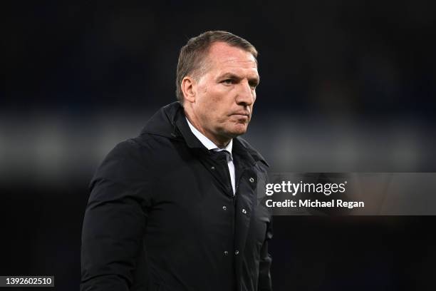 Brendan Rogers, Manager of Leicester City looks on at half time during the Premier League match between Everton and Leicester City at Goodison Park...