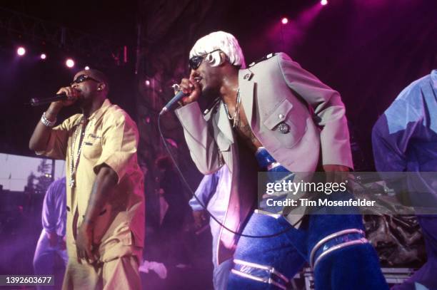 Big Boi and Andre 3000 of Outkast perform during the Area One tour at Shoreline Amphitheatre on July 31, 2001 in Mountain View, California.