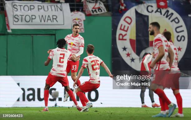 Andre Silva of RB Leipzig celebrates after scoring their side's first goal during the DFB Cup semi final match between RB Leipzig and 1. FC Union...