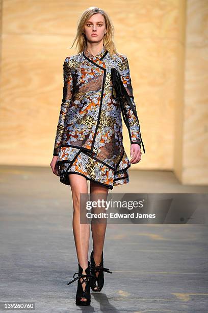 Model walks the runway at the Proenza Schouler Fall 2012 fashion show during Mercedes-Benz Fashion Week at on February 15, 2012 in New York City.